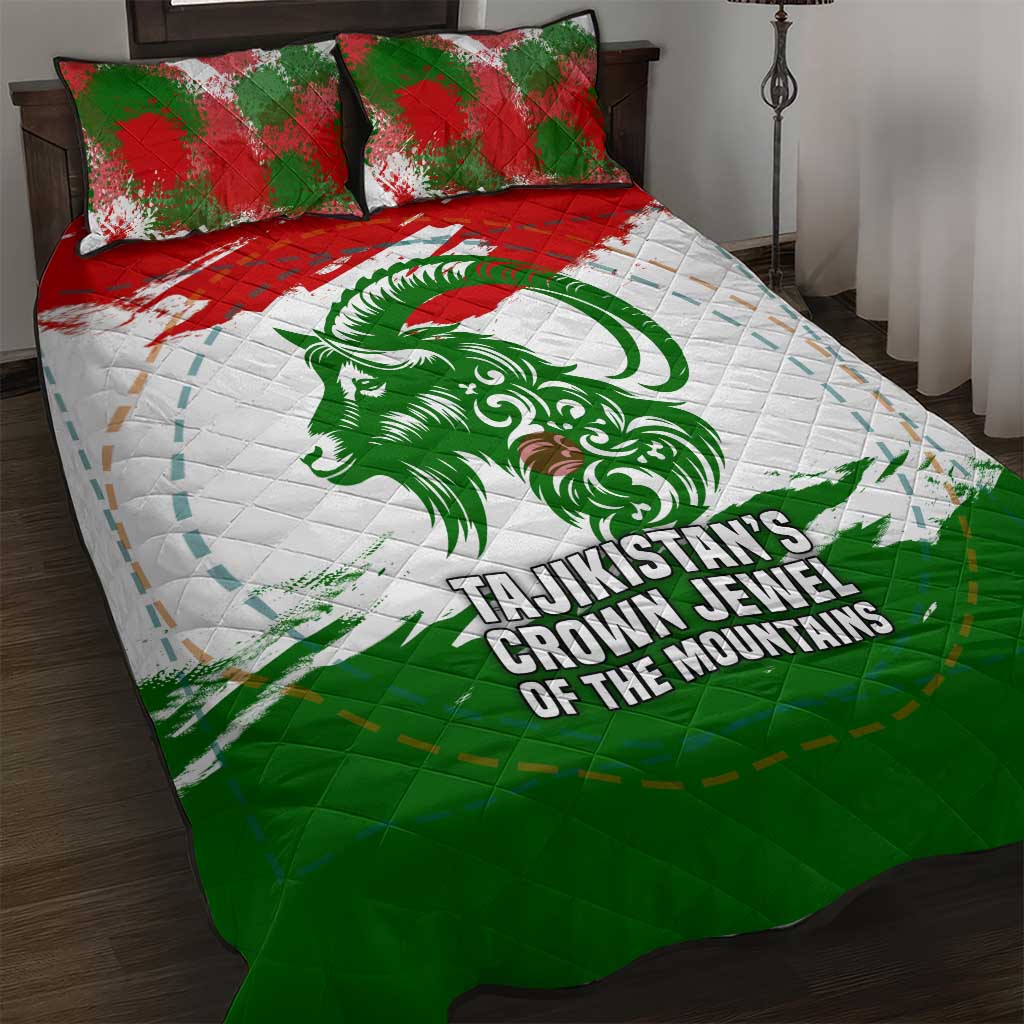 Tajikistan Quilt Bed Set Markhor with Red Green White Brushstroke Flag with Mountain Goat Design