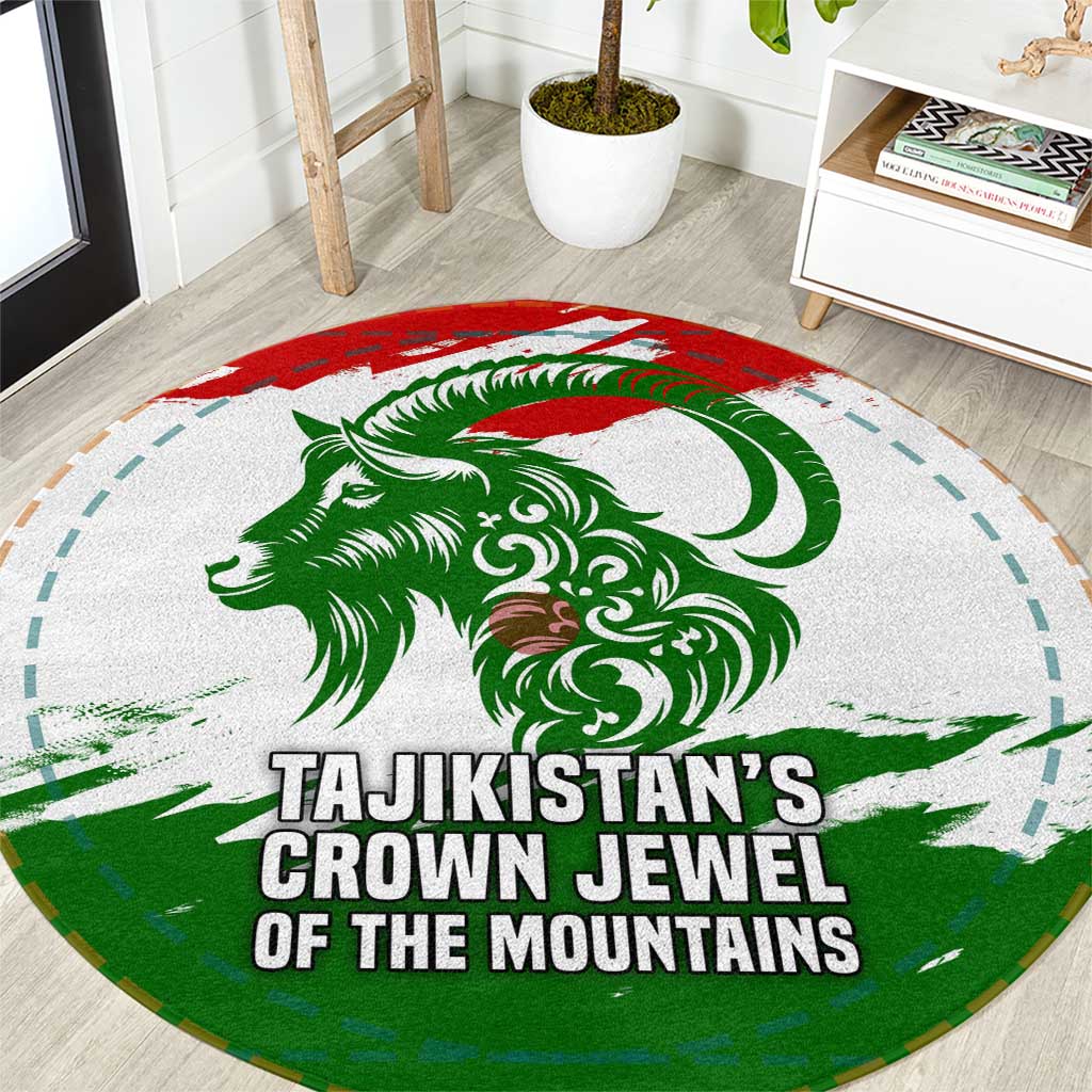 Tajikistan Round Carpet Markhor with Red Green White Brushstroke Flag with Mountain Goat Design