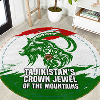 Tajikistan Round Carpet Markhor with Red Green White Brushstroke Flag with Mountain Goat Design