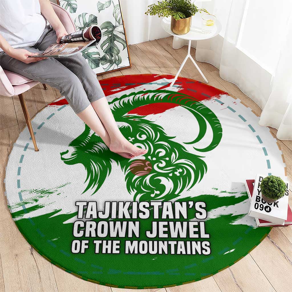 Tajikistan Round Carpet Markhor with Red Green White Brushstroke Flag with Mountain Goat Design
