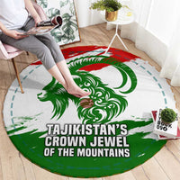 Tajikistan Round Carpet Markhor with Red Green White Brushstroke Flag with Mountain Goat Design