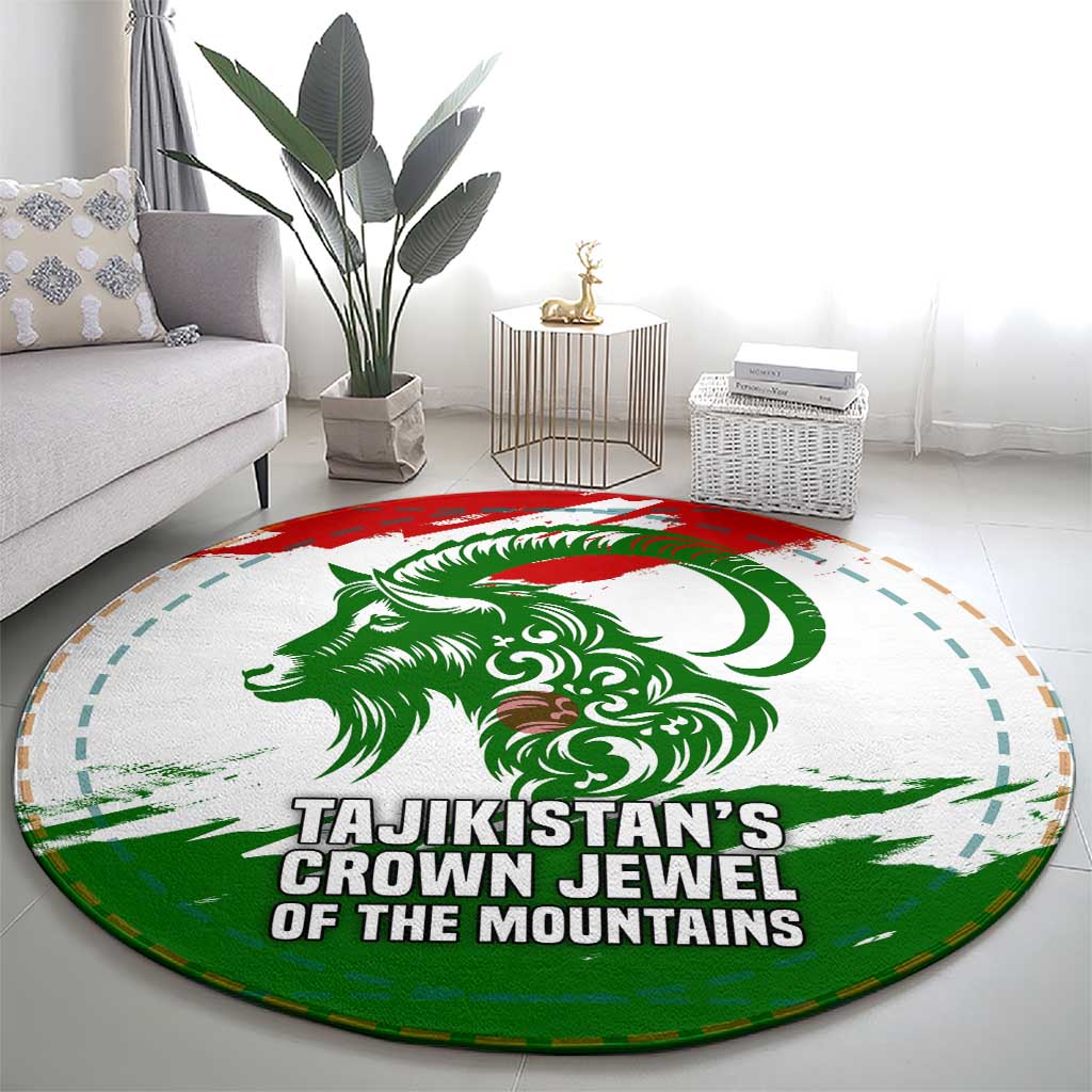 Tajikistan Round Carpet Markhor with Red Green White Brushstroke Flag with Mountain Goat Design