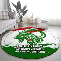Tajikistan Round Carpet Markhor with Red Green White Brushstroke Flag with Mountain Goat Design