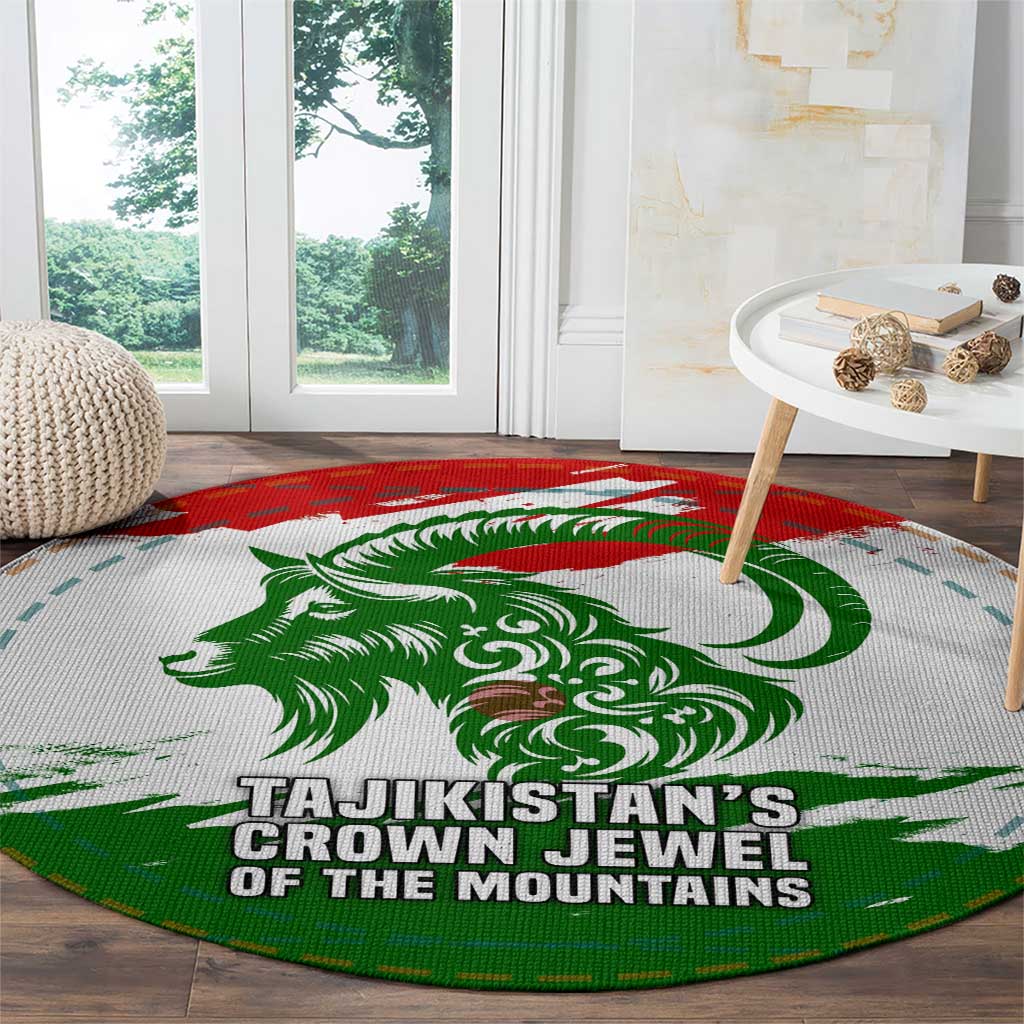 Tajikistan Round Carpet Markhor with Red Green White Brushstroke Flag with Mountain Goat Design