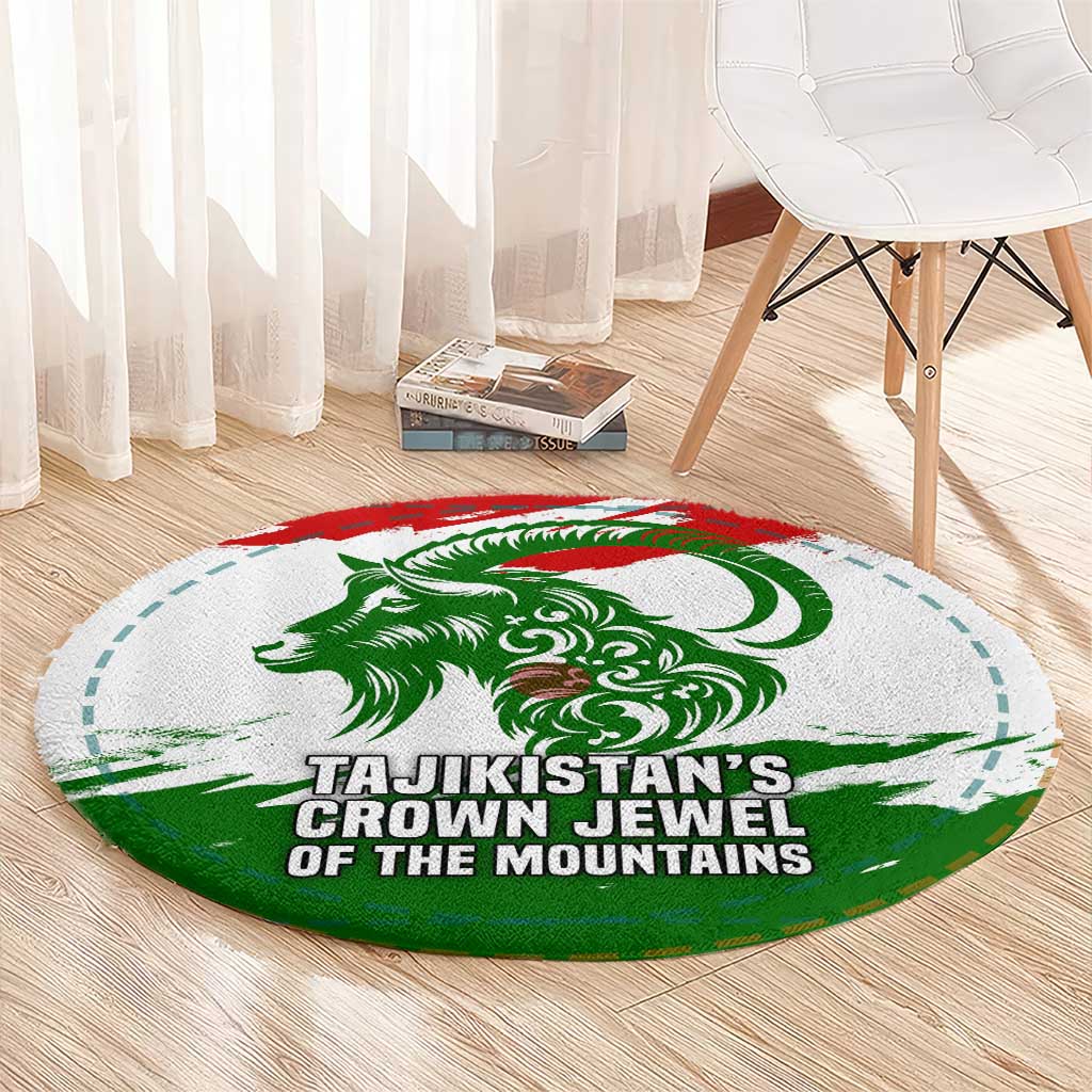 Tajikistan Round Carpet Markhor with Red Green White Brushstroke Flag with Mountain Goat Design