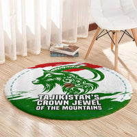 Tajikistan Round Carpet Markhor with Red Green White Brushstroke Flag with Mountain Goat Design