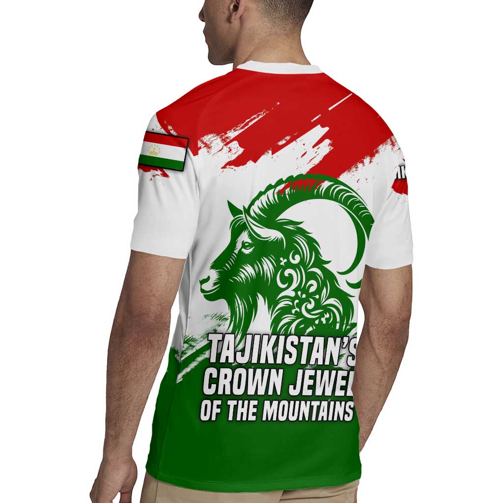 Tajikistan Rugby Jersey Markhor with Red Green White Brushstroke Flag with Mountain Goat Design