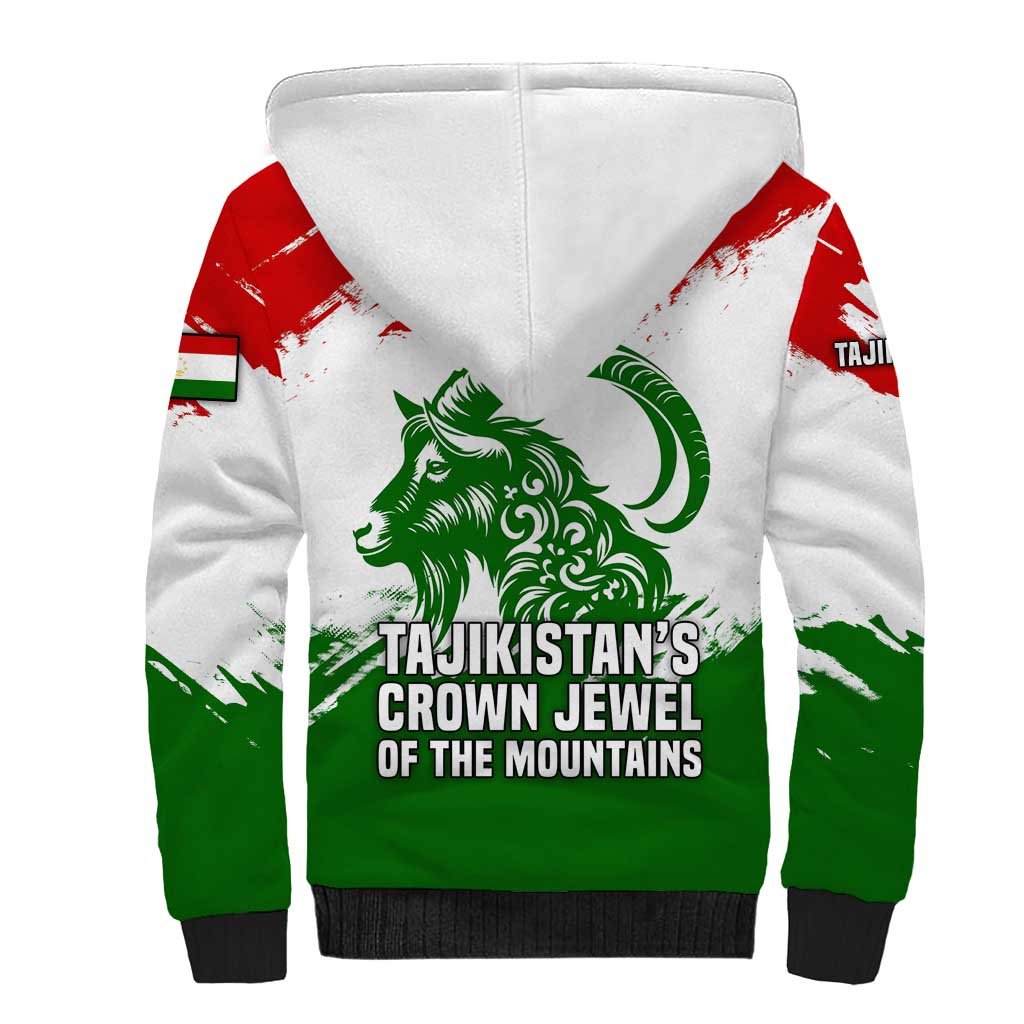 Tajikistan Sherpa Hoodie Markhor with Red Green White Brushstroke Flag with Mountain Goat Design