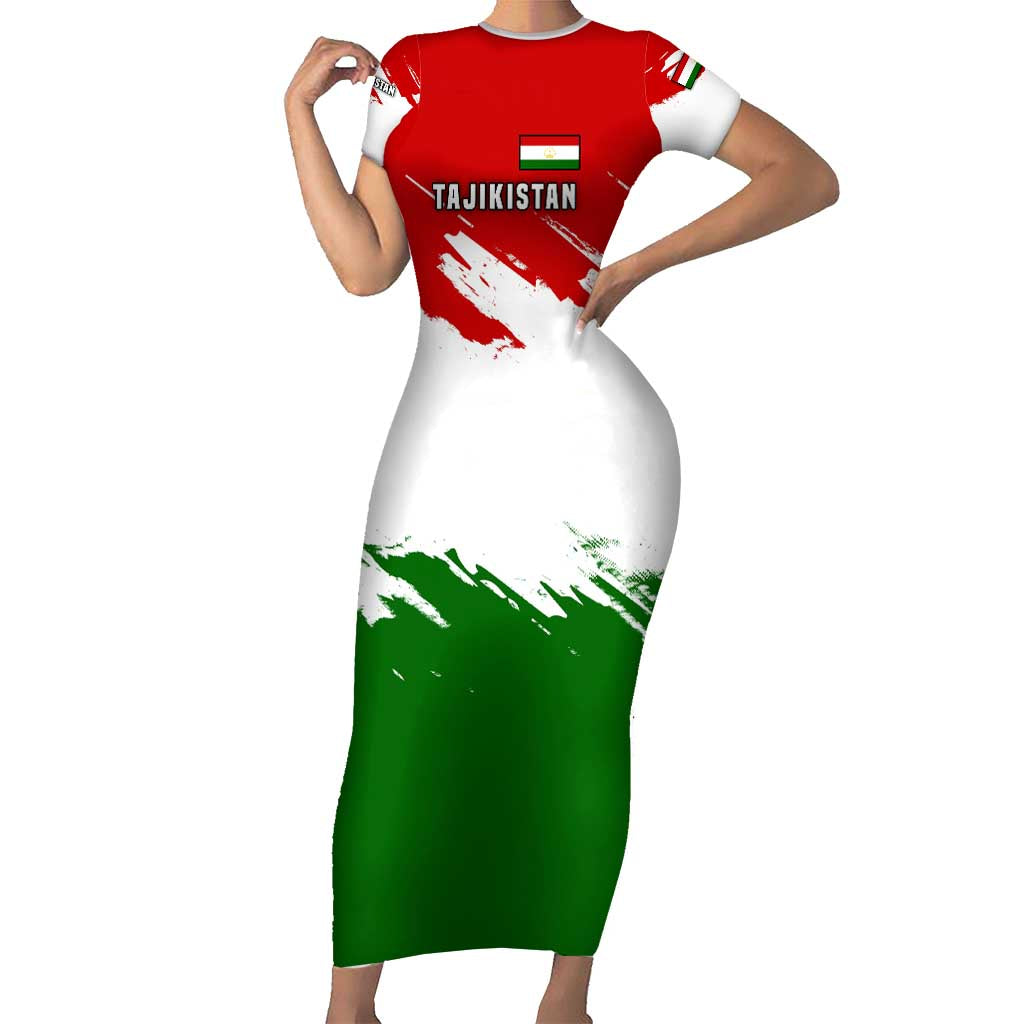 Tajikistan Short Sleeve Bodycon Dress Markhor with Red Green White Brushstroke Flag with Mountain Goat Design