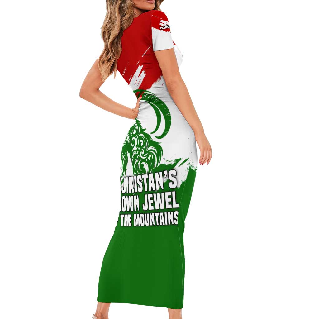 Tajikistan Short Sleeve Bodycon Dress Markhor with Red Green White Brushstroke Flag with Mountain Goat Design