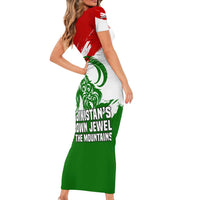 Tajikistan Short Sleeve Bodycon Dress Markhor with Red Green White Brushstroke Flag with Mountain Goat Design