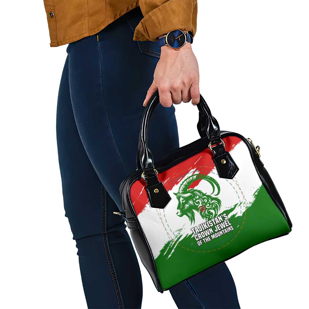 Tajikistan Shoulder Handbag Markhor with Red Green White Brushstroke Flag with Mountain Goat Design