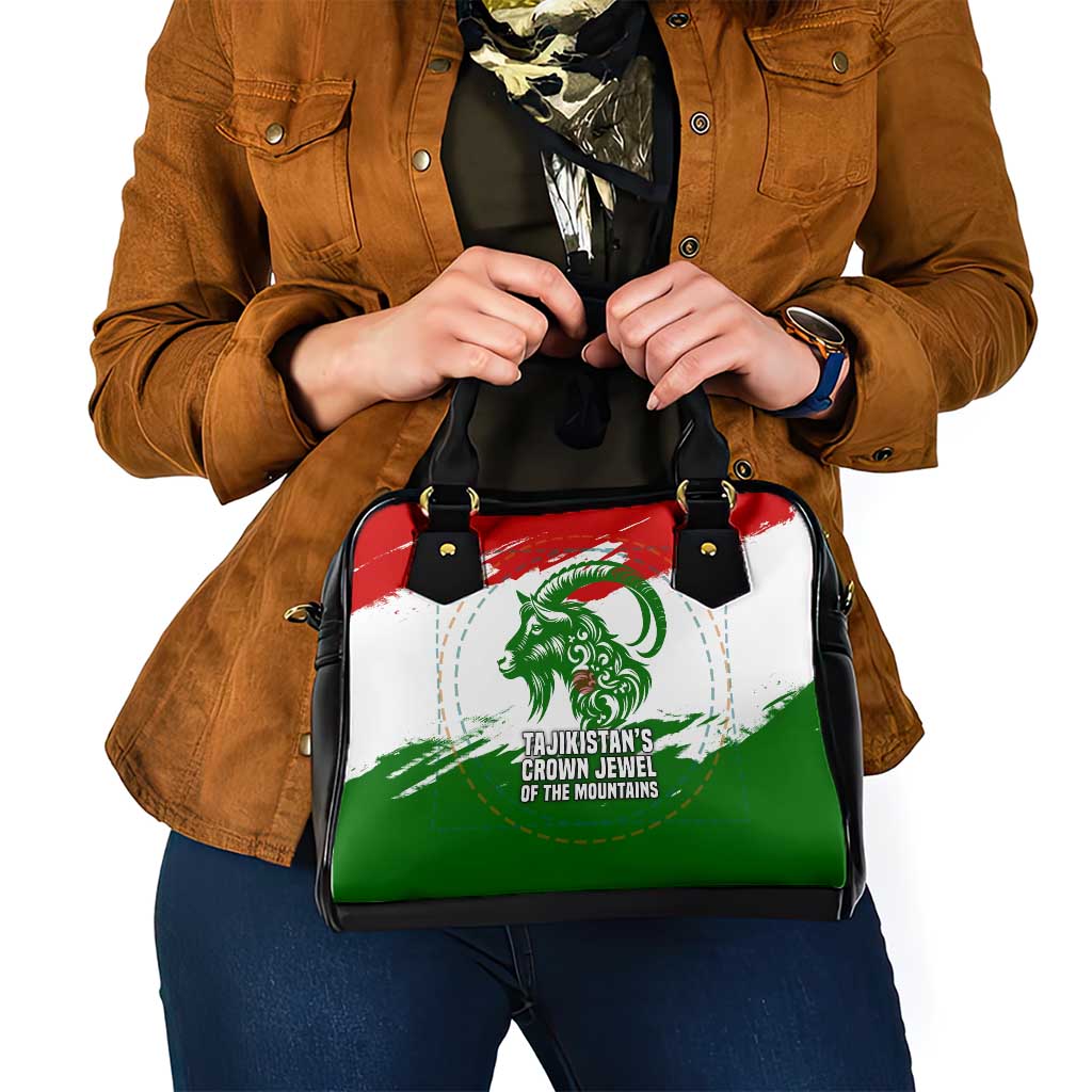 Tajikistan Shoulder Handbag Markhor with Red Green White Brushstroke Flag with Mountain Goat Design