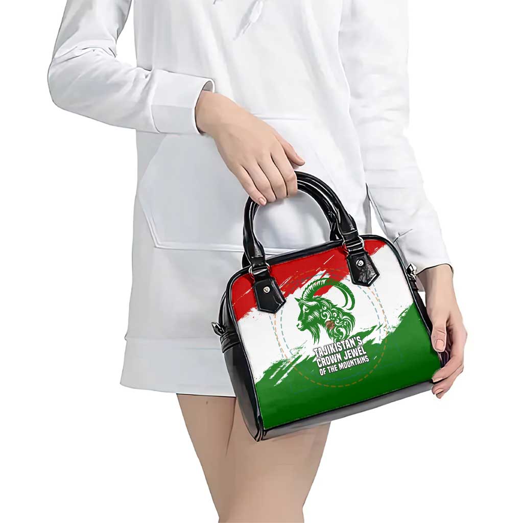 Tajikistan Shoulder Handbag Markhor with Red Green White Brushstroke Flag with Mountain Goat Design
