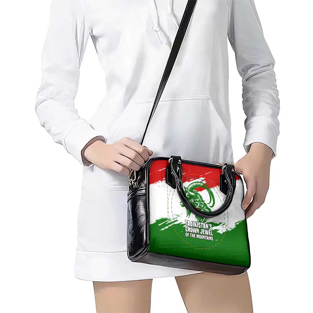 Tajikistan Shoulder Handbag Markhor with Red Green White Brushstroke Flag with Mountain Goat Design