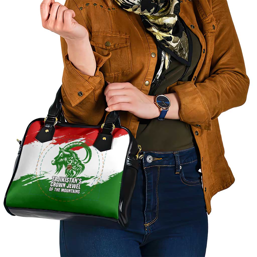 Tajikistan Shoulder Handbag Markhor with Red Green White Brushstroke Flag with Mountain Goat Design