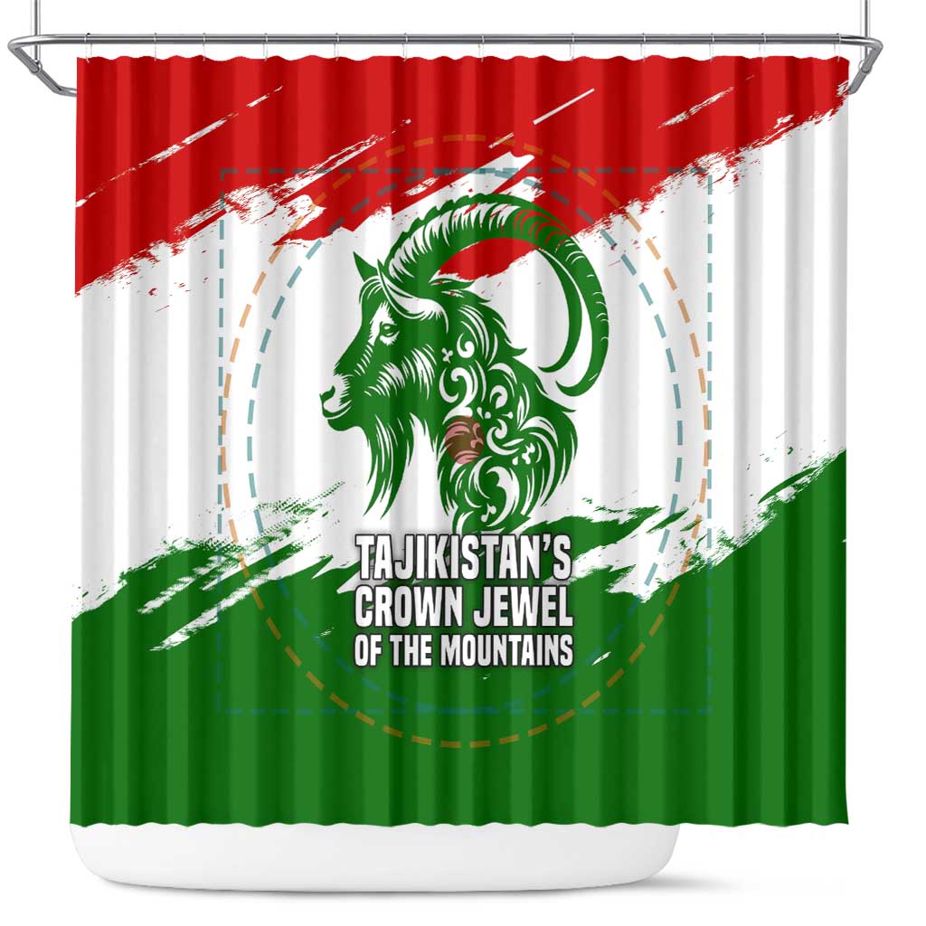 Tajikistan Shower Curtain Markhor with Red Green White Brushstroke Flag with Mountain Goat Design