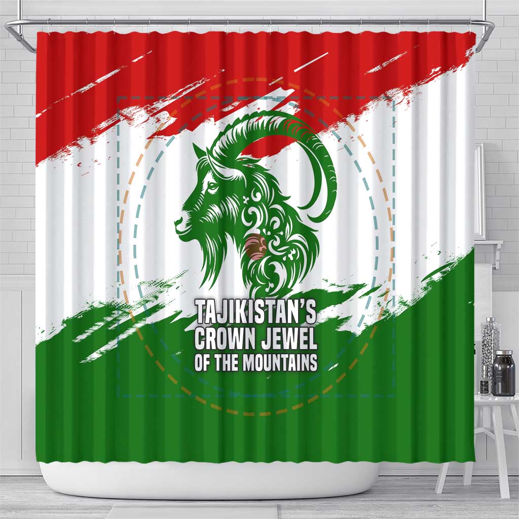 Tajikistan Shower Curtain Markhor with Red Green White Brushstroke Flag with Mountain Goat Design