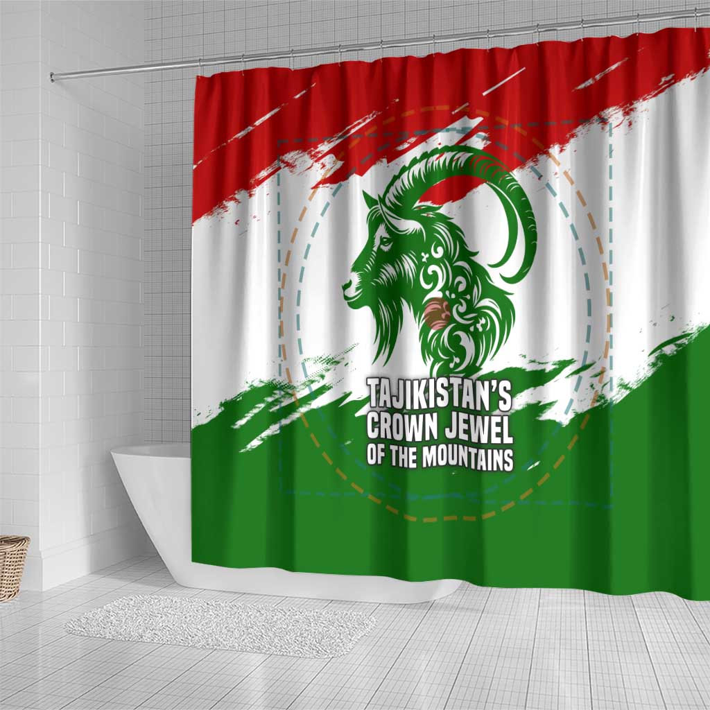 Tajikistan Shower Curtain Markhor with Red Green White Brushstroke Flag with Mountain Goat Design