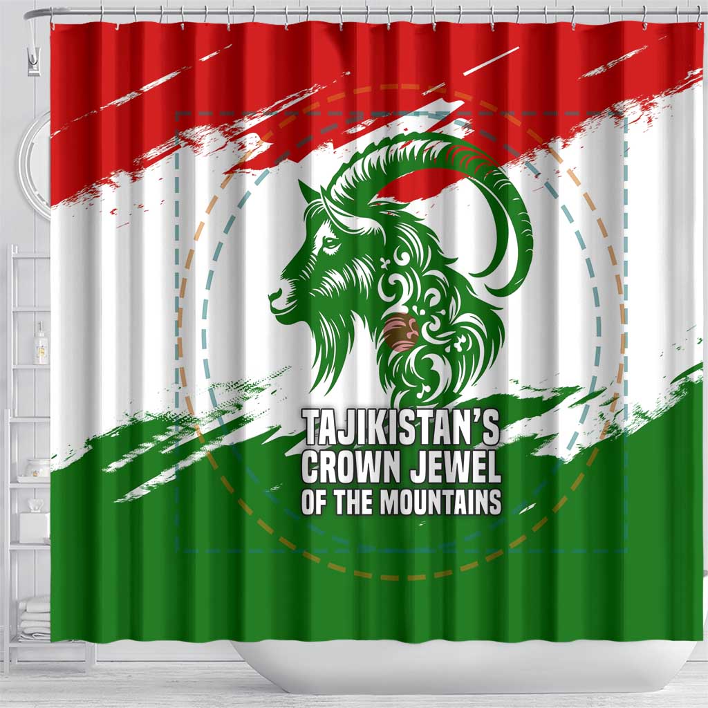 Tajikistan Shower Curtain Markhor with Red Green White Brushstroke Flag with Mountain Goat Design