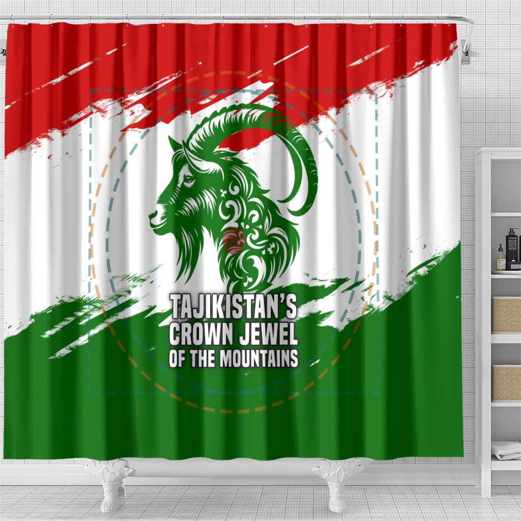 Tajikistan Shower Curtain Markhor with Red Green White Brushstroke Flag with Mountain Goat Design