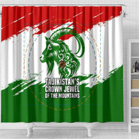 Tajikistan Shower Curtain Markhor with Red Green White Brushstroke Flag with Mountain Goat Design