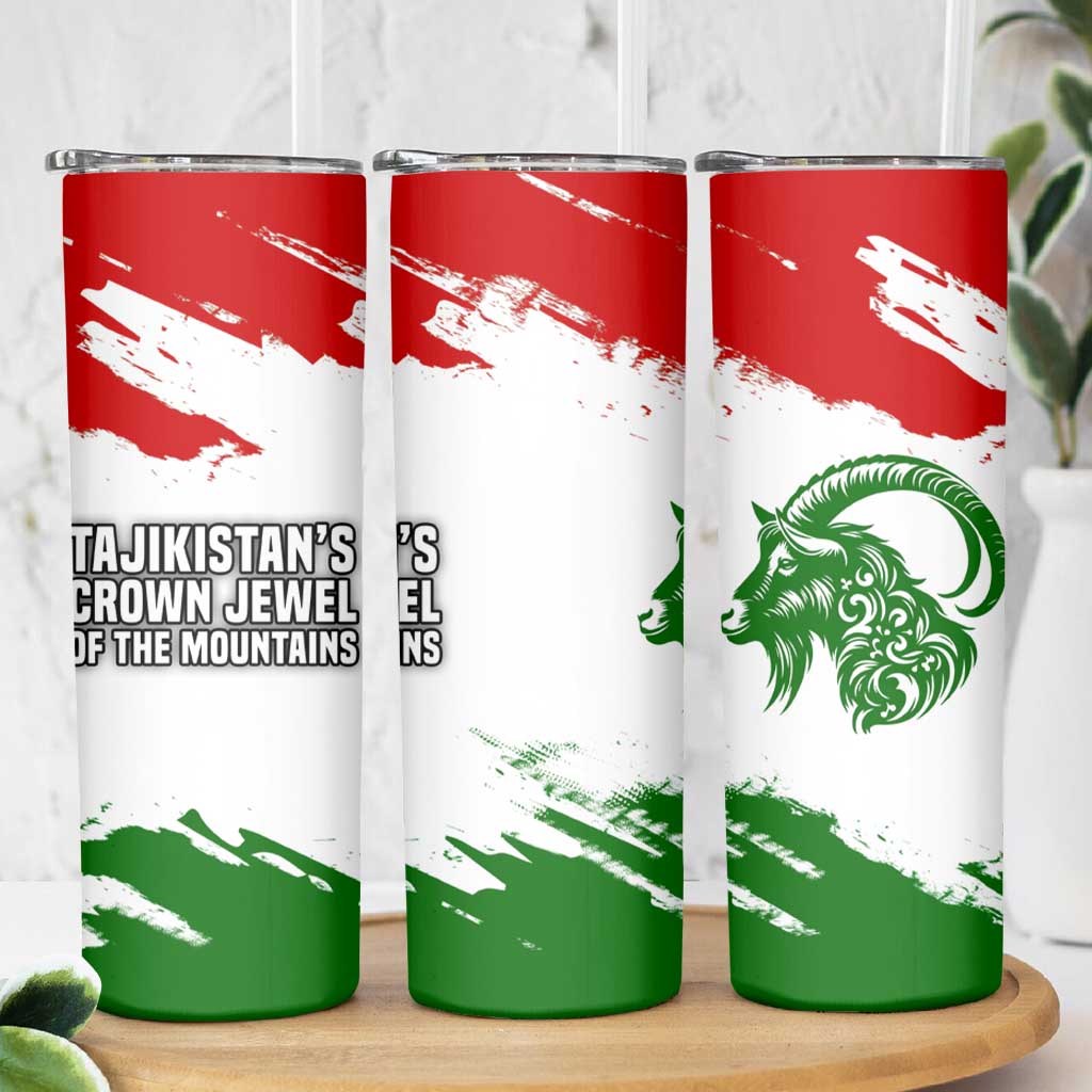 Tajikistan Skinny Tumbler Markhor with Red Green White Brushstroke Flag with Mountain Goat Design