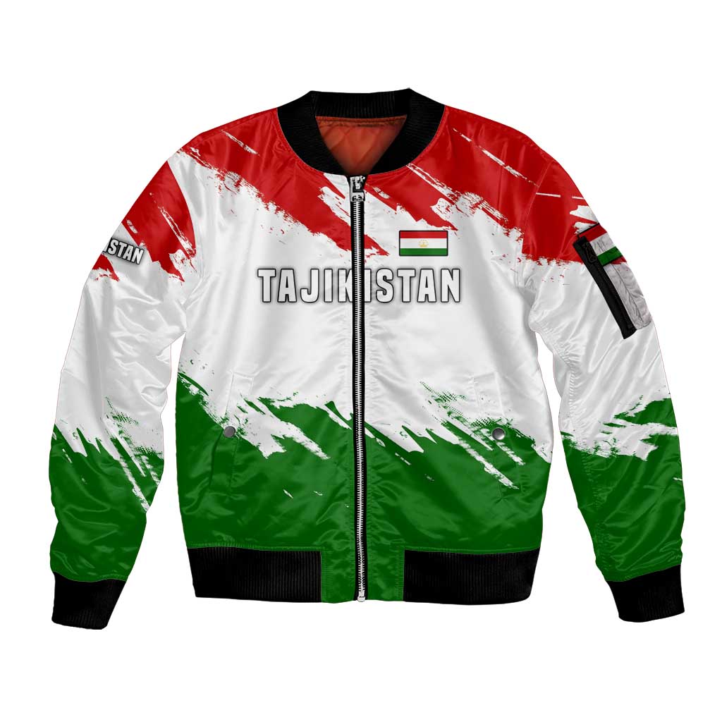 Tajikistan Sleeve Zip Bomber Jacket Markhor with Red Green White Brushstroke Flag with Mountain Goat Design