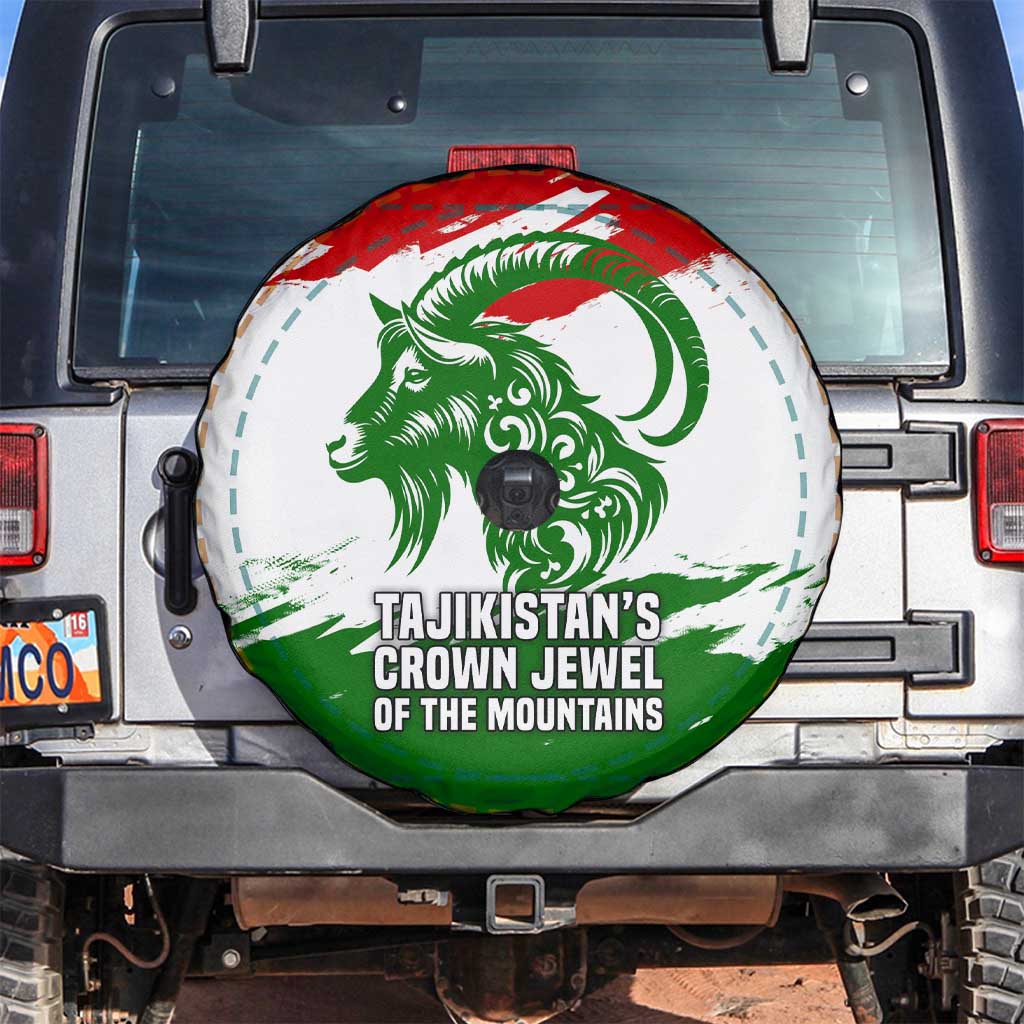 Tajikistan Spare Tire Cover Markhor with Red Green White Brushstroke Flag with Mountain Goat Design