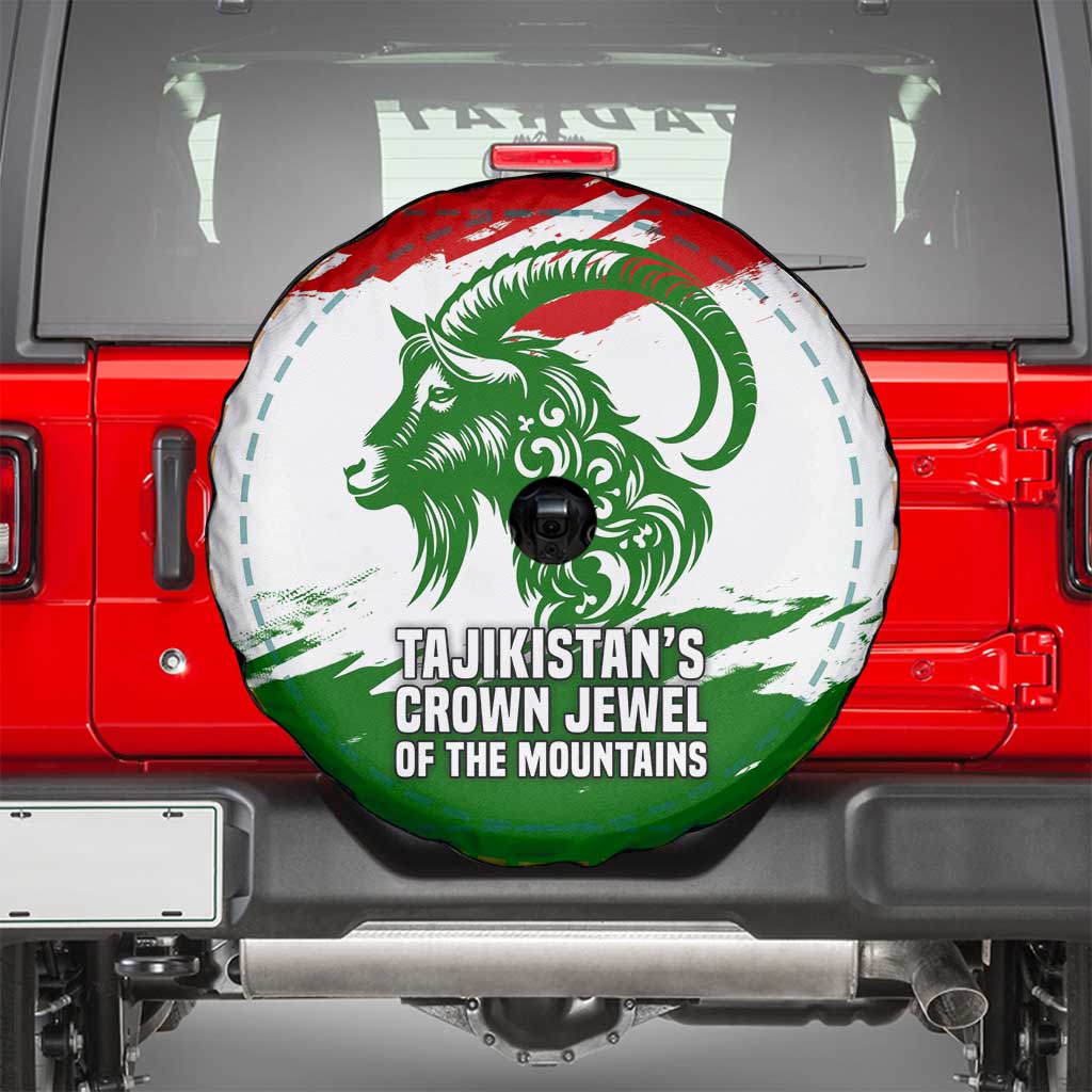 Tajikistan Spare Tire Cover Markhor with Red Green White Brushstroke Flag with Mountain Goat Design