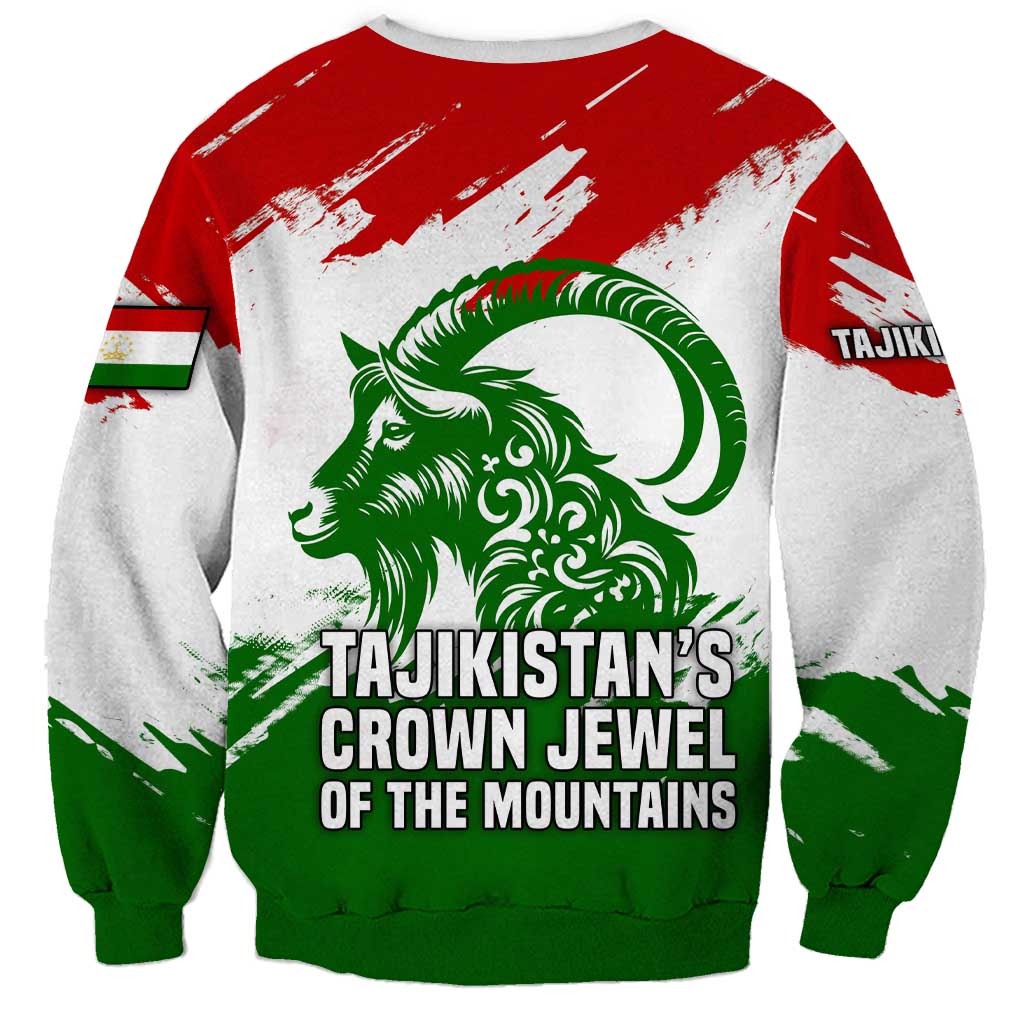Tajikistan Sweatshirt Markhor with Red Green White Brushstroke Flag with Mountain Goat Design