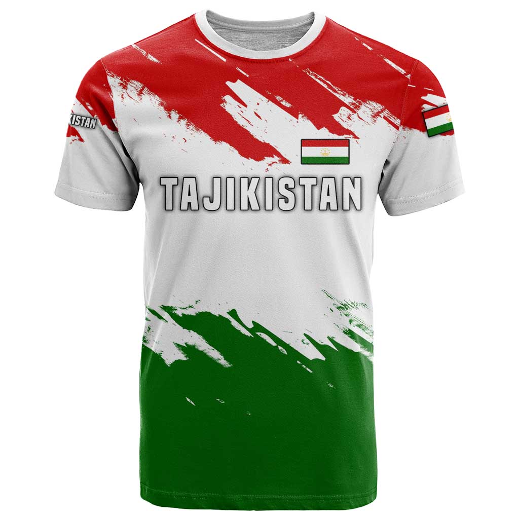 Tajikistan T Shirt Markhor with Red Green White Brushstroke Flag with Mountain Goat Design