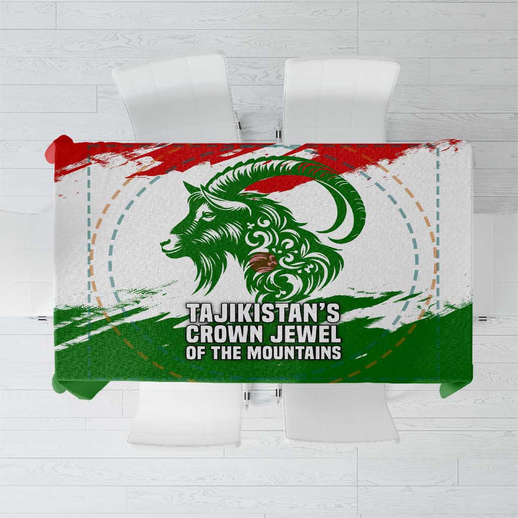 Tajikistan Tablecloth Markhor with Red Green White Brushstroke Flag with Mountain Goat Design