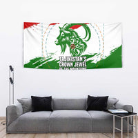 Tajikistan Tapestry Markhor with Red Green White Brushstroke Flag with Mountain Goat Design