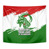 Tajikistan Tapestry Markhor with Red Green White Brushstroke Flag with Mountain Goat Design