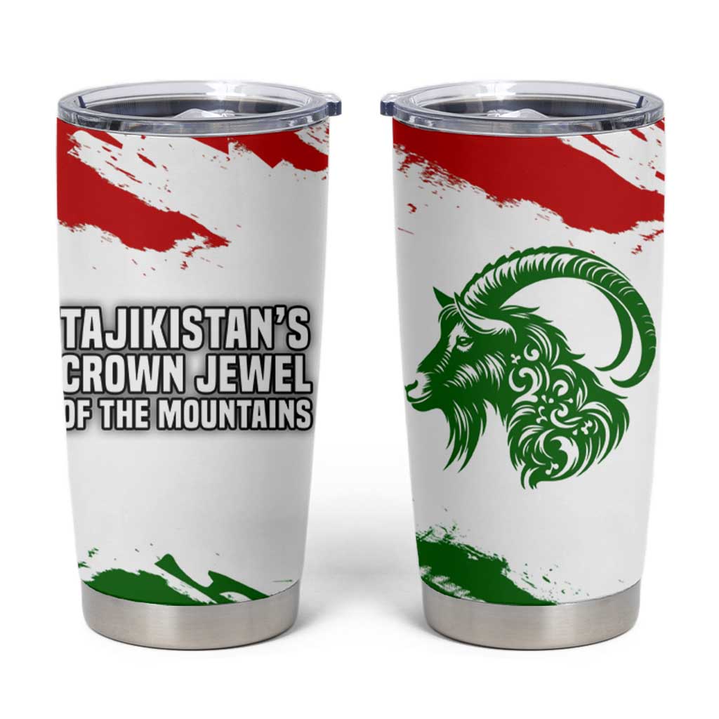 Tajikistan Tumbler Cup Markhor with Red Green White Brushstroke Flag with Mountain Goat Design