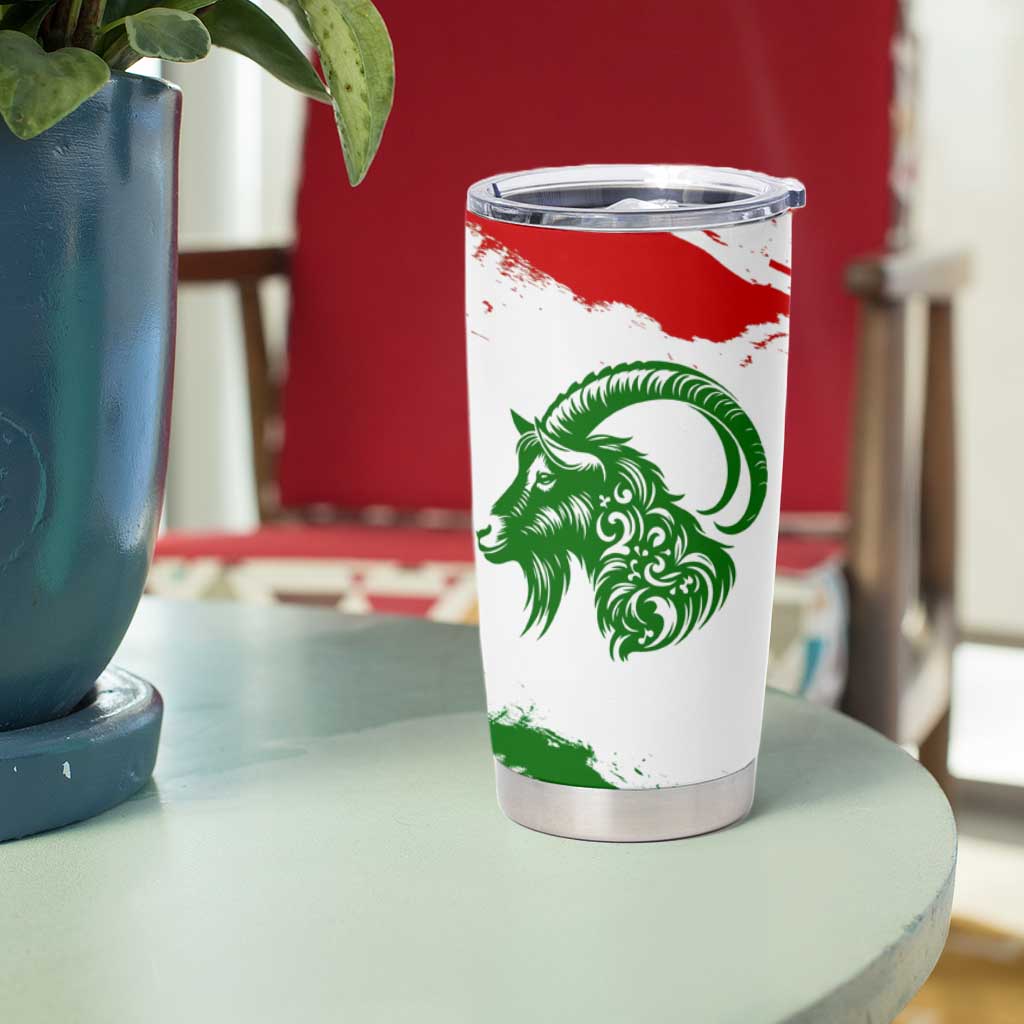 Tajikistan Tumbler Cup Markhor with Red Green White Brushstroke Flag with Mountain Goat Design