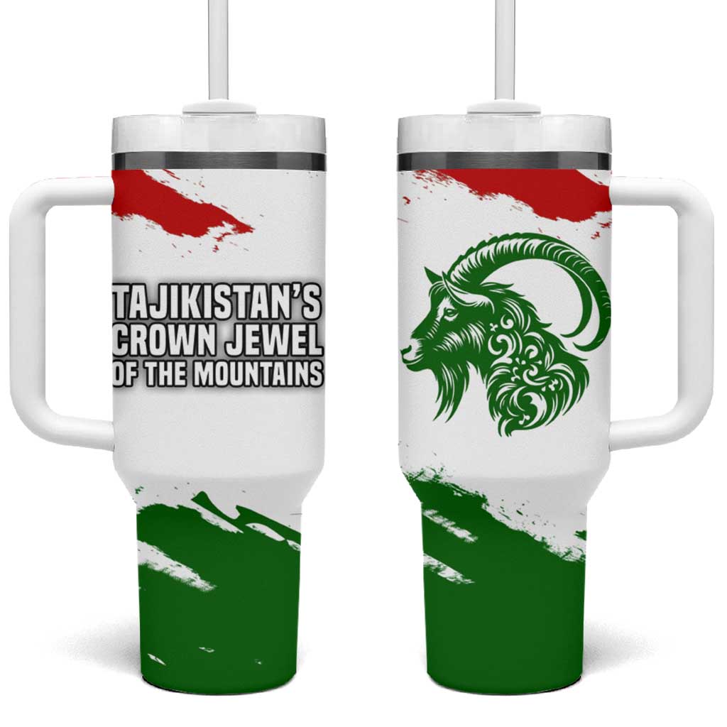 Tajikistan Tumbler With Handle Markhor with Red Green White Brushstroke Flag with Mountain Goat Design