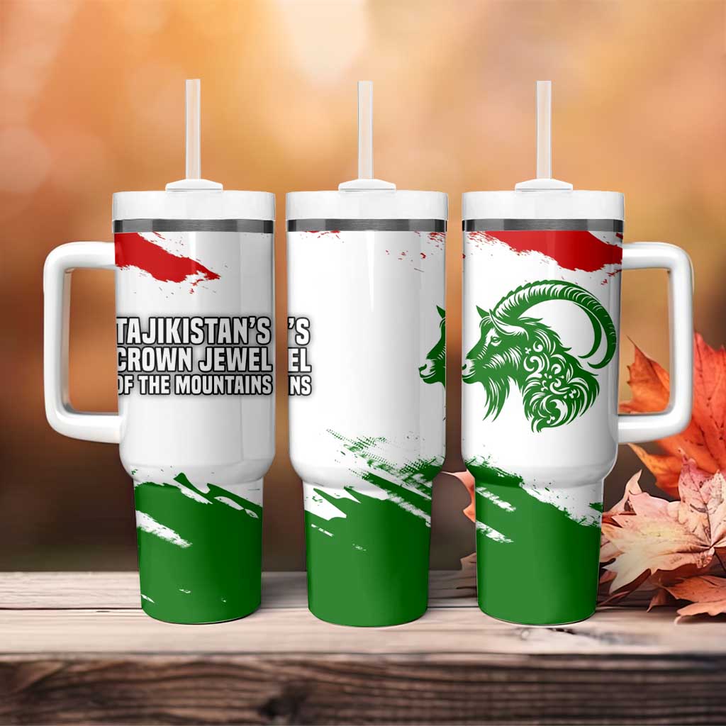 Tajikistan Tumbler With Handle Markhor with Red Green White Brushstroke Flag with Mountain Goat Design