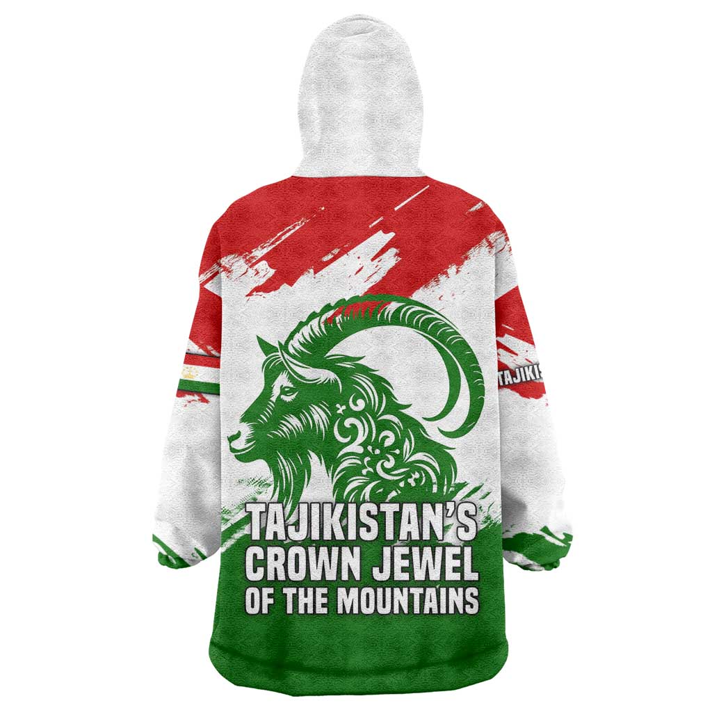 Tajikistan Wearable Blanket Hoodie Markhor with Red Green White Brushstroke Flag with Mountain Goat Design