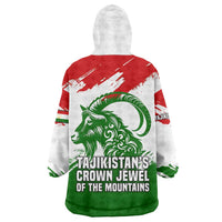 Tajikistan Wearable Blanket Hoodie Markhor with Red Green White Brushstroke Flag with Mountain Goat Design