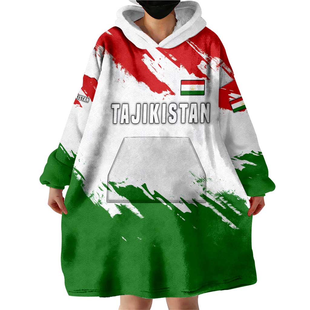 Tajikistan Wearable Blanket Hoodie Markhor with Red Green White Brushstroke Flag with Mountain Goat Design