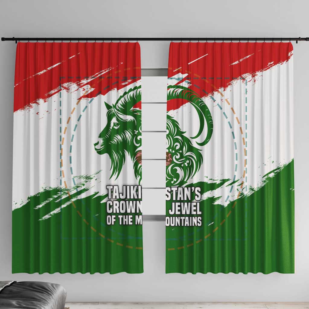 Tajikistan Window Curtain Markhor with Red Green White Brushstroke Flag with Mountain Goat Design