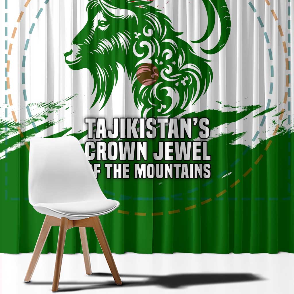 Tajikistan Window Curtain Markhor with Red Green White Brushstroke Flag with Mountain Goat Design