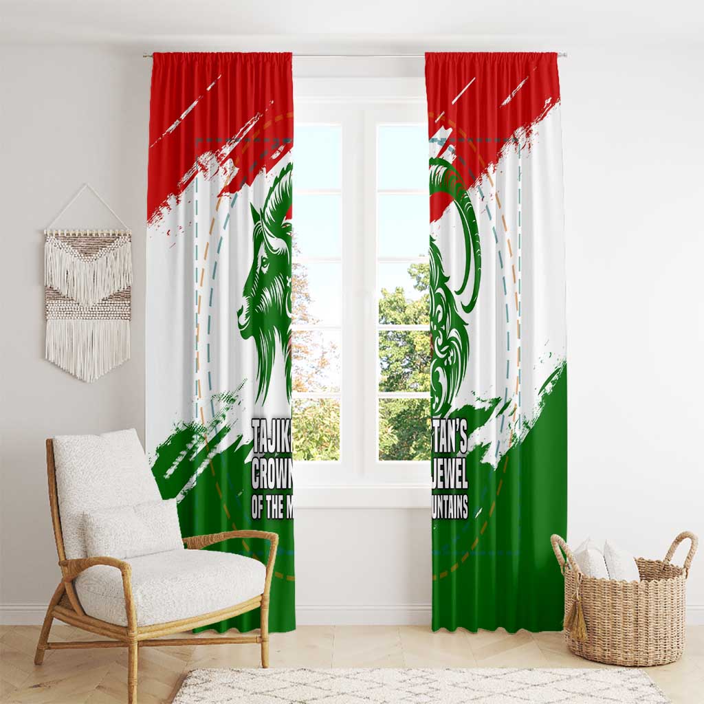 Tajikistan Window Curtain Markhor with Red Green White Brushstroke Flag with Mountain Goat Design