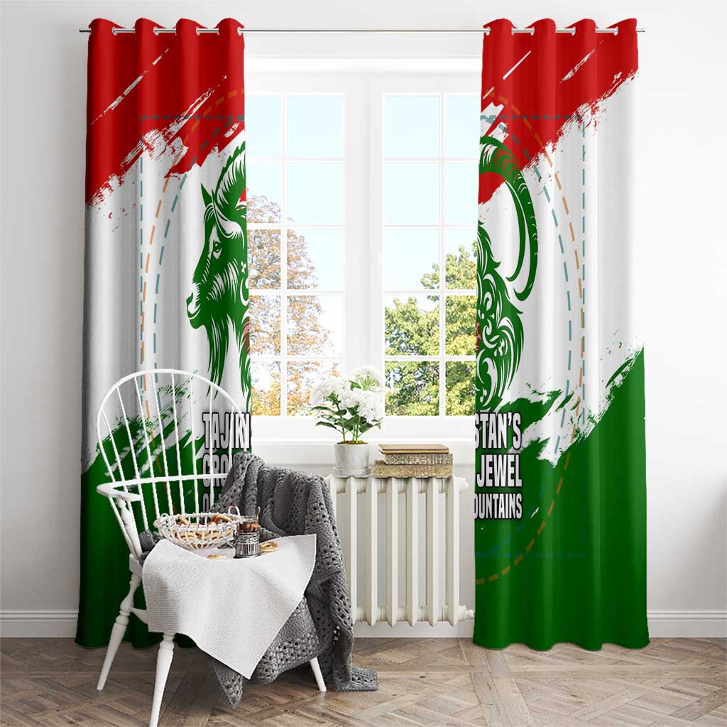 Tajikistan Window Curtain Markhor with Red Green White Brushstroke Flag with Mountain Goat Design