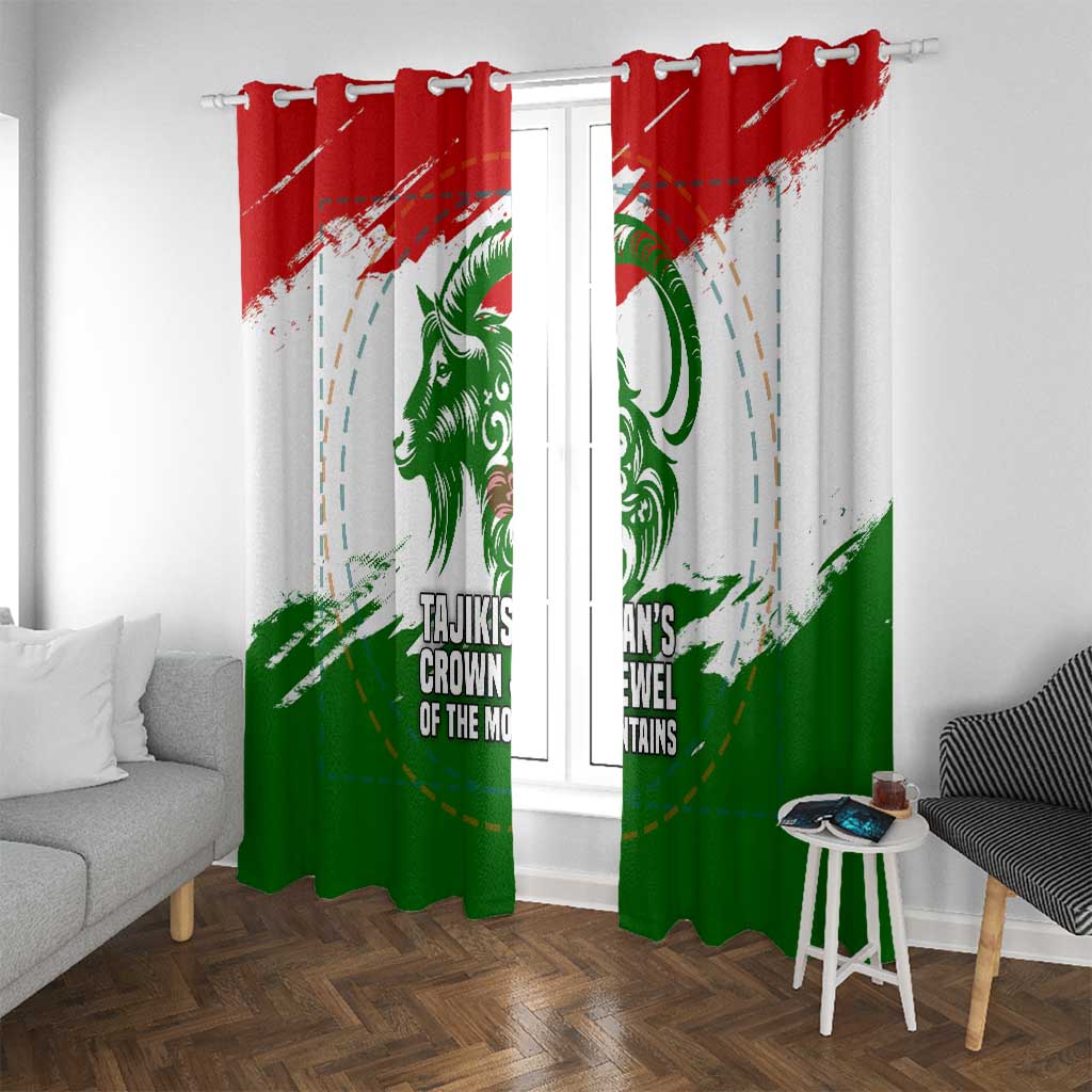 Tajikistan Window Curtain Markhor with Red Green White Brushstroke Flag with Mountain Goat Design