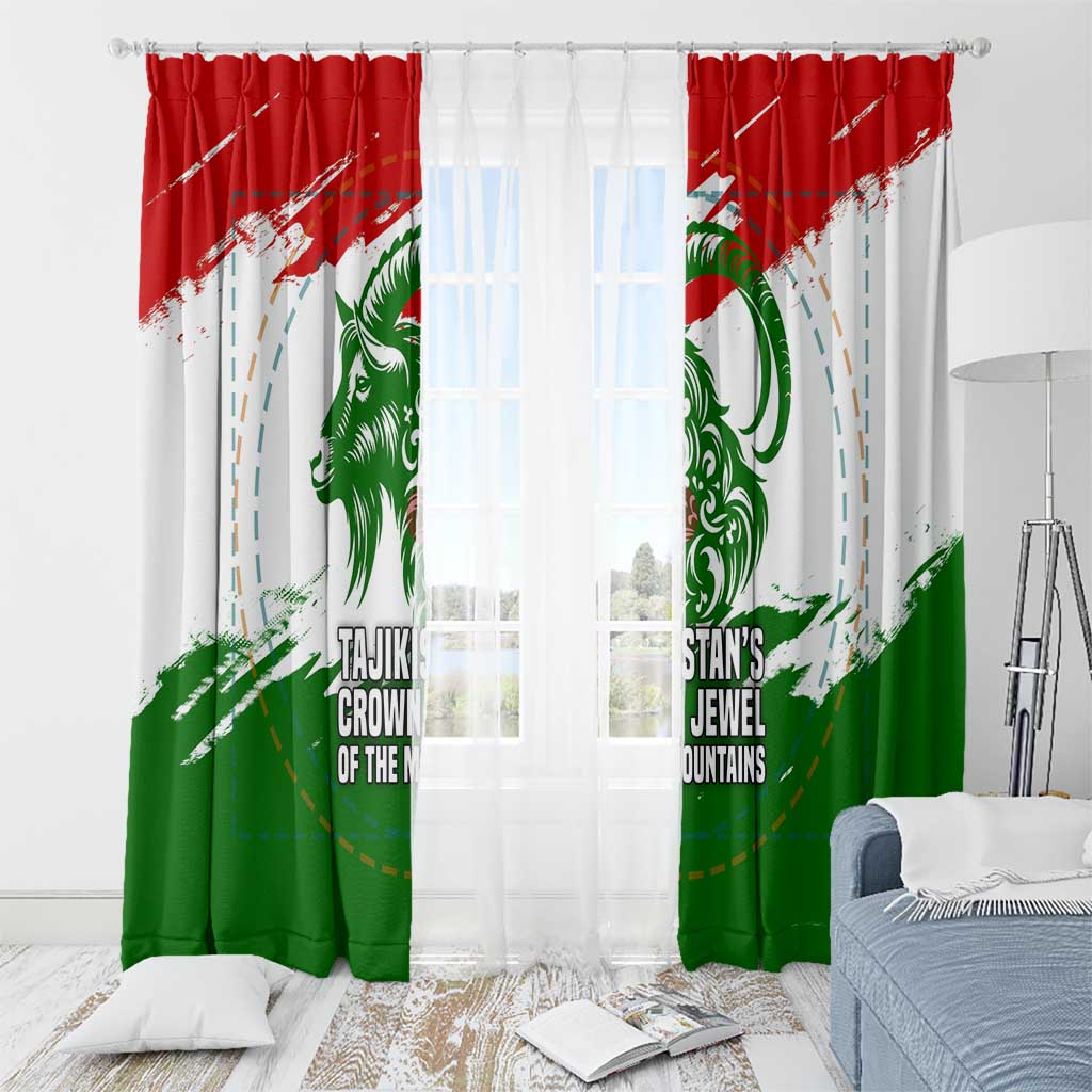 Tajikistan Window Curtain Markhor with Red Green White Brushstroke Flag with Mountain Goat Design