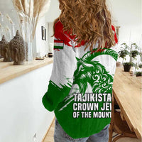 Tajikistan Women Casual Shirt Markhor with Red Green White Brushstroke Flag with Mountain Goat Design