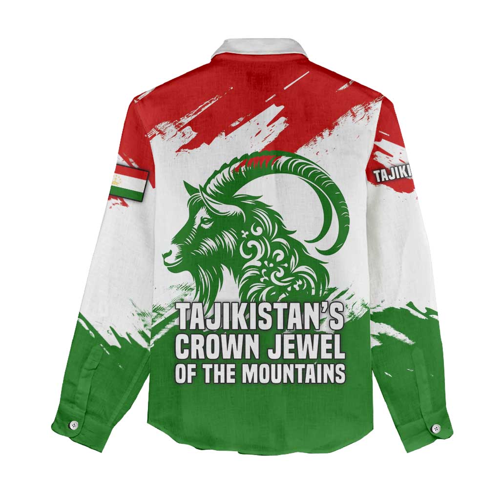 Tajikistan Women Casual Shirt Markhor with Red Green White Brushstroke Flag with Mountain Goat Design